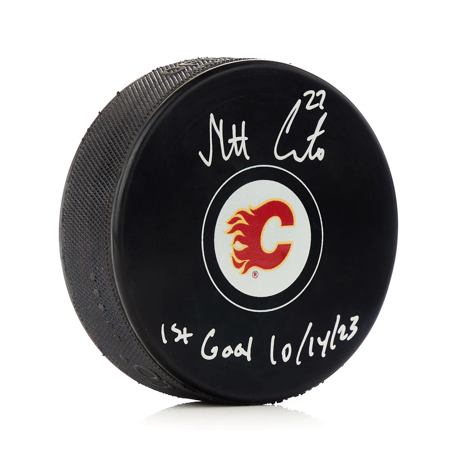 Matt Coronato Puck dated-1st-goal-hockey, Calgary Flames, supplier stock photo